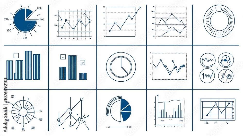 Aufkleber Comprehensive set of 15 clean and minimalist outline icons representing various statistical data visualization elements such as bar charts pie charts trend lines and other infographic symbols