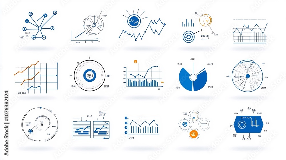 Poster Set of 15 linear icons illustrating various statistical functions data collection tools survey evaluation methods and optimization analytics for business finance and software development