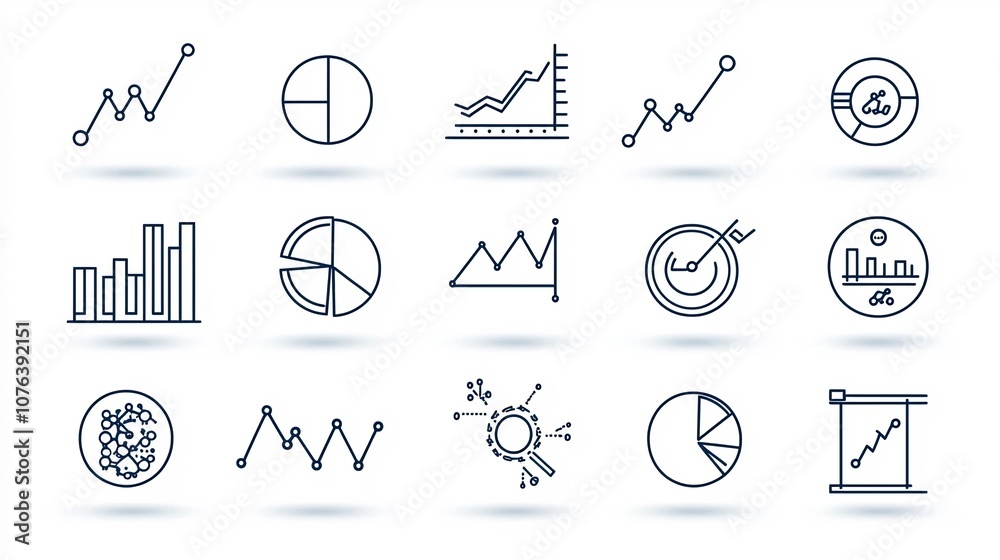 Poster Set of 15 minimal outline icons representing various data visualization elements such as bar charts pie charts line graphs and other statistical symbols for use in business presentations