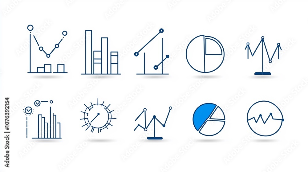 Poster Set of 15 outline icons representing various statistical data visualization elements including bar chart pie chart and trend line symbols in a clean with editable stroke