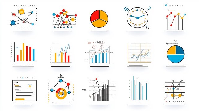 Collection of 15 linear icons focused on data optimization and growth analysis featuring icons for metrics report graphs and data visualization in a simple line style