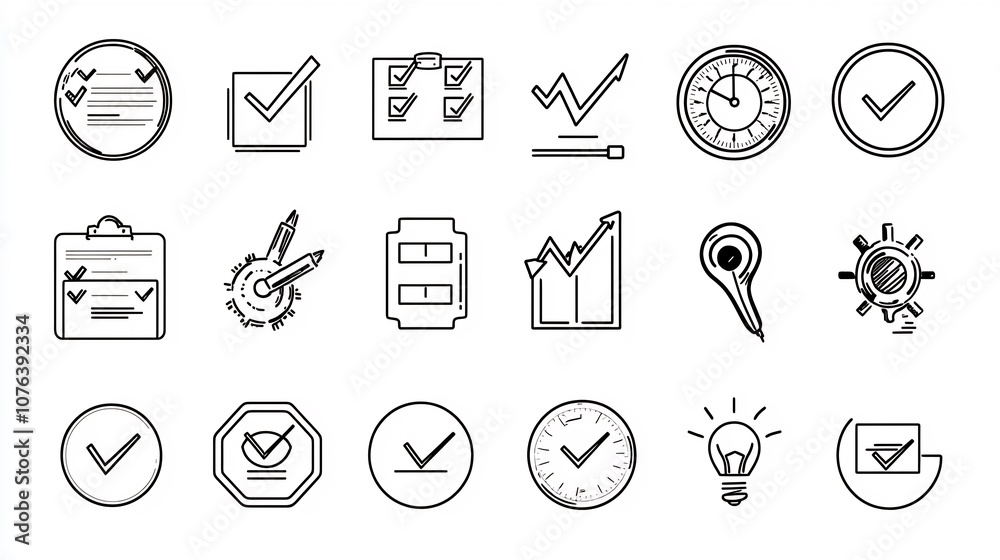 Poster Comprehensive Icon Set Featuring 15 Minimalist Outlines for Statistics Data Visualization Surveys and Feedback Collection