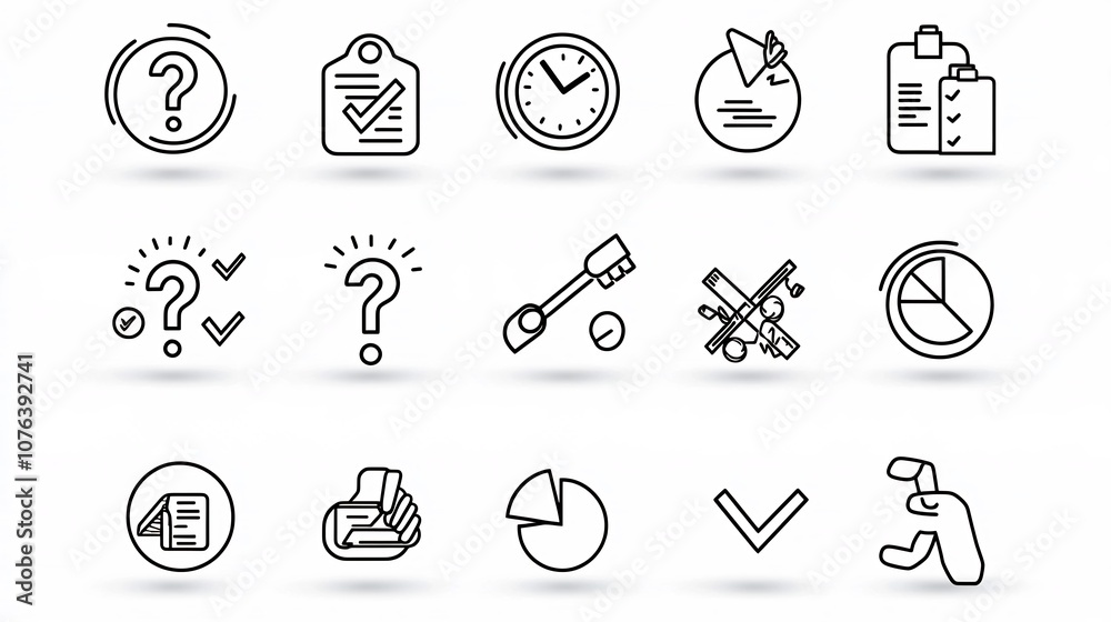 Poster A set of 15 minimal outline style icons focused on survey and feedback elements such as question marks checklists and pie charts for use in data analysis reporting and information visualization
