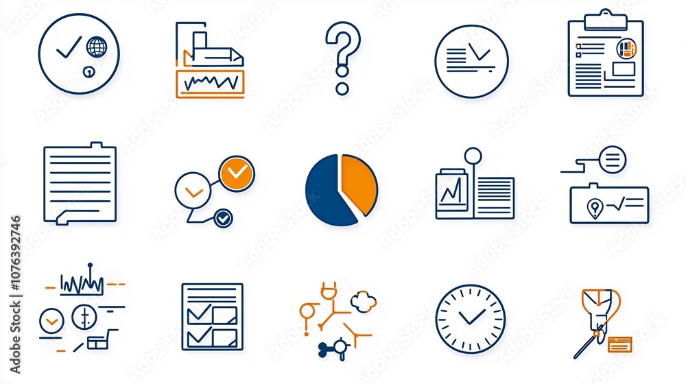 Aufkleber Collection of 15 minimal outline style icons focused on survey and feedback elements such as question marks checklists and pie charts  This graphic design can be used for data analysis