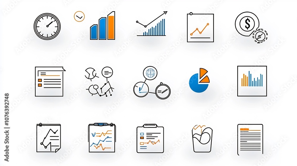 Aufkleber Outline Icon Set of 15 Symbols for Statistics and Analysis Including Bar Graph Report Page and Price Index in Clean Style with Editable Strokes