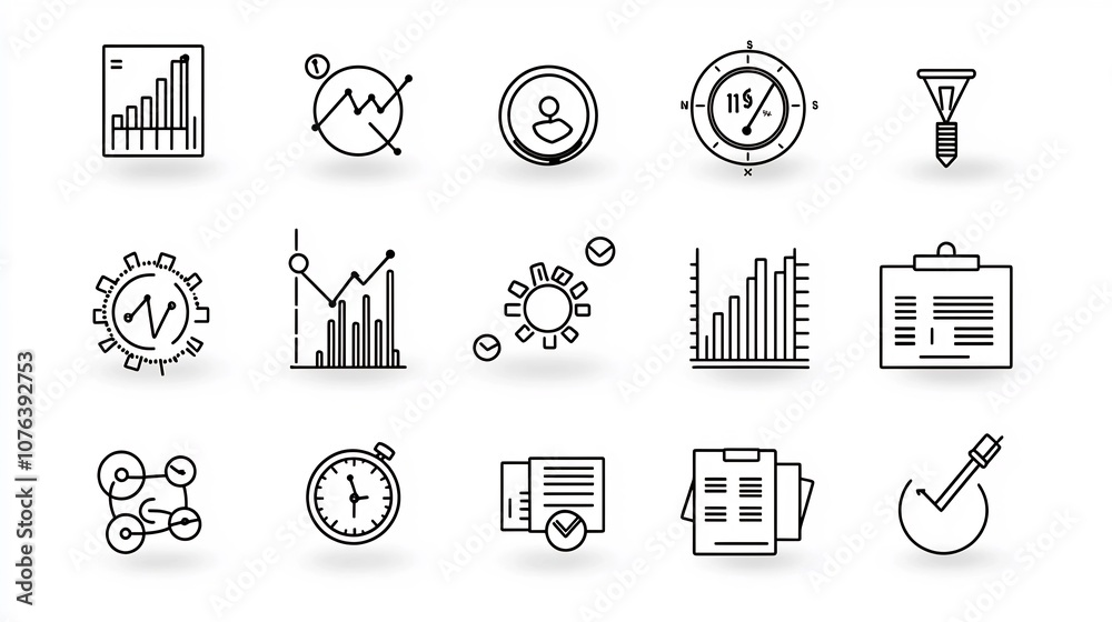 Aufkleber Comprehensive outline icon set featuring 15 symbols for statistical analysis data visualization and business analytics designed in a clean style with editable stroke characteristics