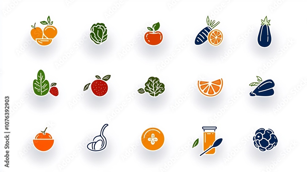 Poster minimalist collection of 15 linear icons showcasing healthy nutrition concepts such as fruits vegeta