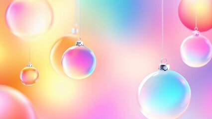 Fototapeta premium Colorful hanging Christmas ornaments against a soft gradient background, perfect for festive designs and holiday themes
