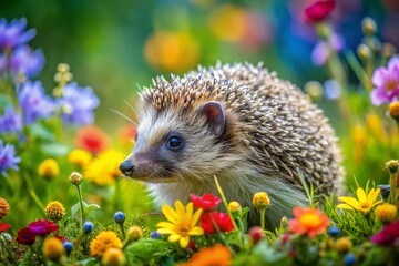 Candid Photography of a Playful Hedgehog in a Natural Setting, Capturing Its Curious Nature and Quirky Personality Amidst Greenery and Wildflowers for Nature Lovers and Wildlife Enthusiasts