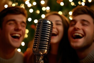 Group of friends singing into microphone with festive lights in background