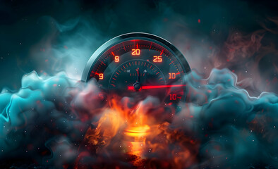 A speedometer with three dials, a red arrow pointing to the left and right, on an empty background with blurred motion, surrounded 