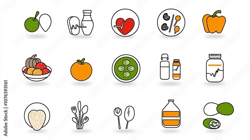 Poster This comprehensive nutrition icon set features a collection of 15 symbols including a healthy plate calorie count and heart health icons all designed in a clean modern style with editable stroke