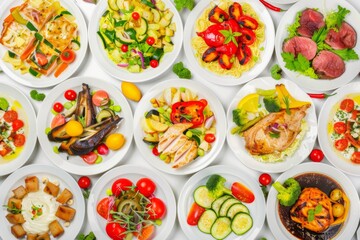 An enticing array of dishes showcases a variety of vibrant vegetables, succulent chicken, and aromatic herbs, inviting everyone to enjoy a delicious dinner feast.