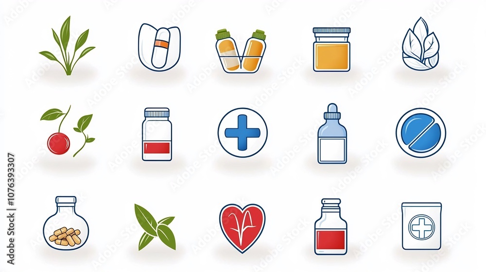 Poster collection of 15 minimalist linear icons representing various health and wellness concepts including