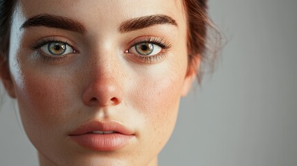 Fototapeta premium Detailed portrait showcasing natural beauty, focusing on clear skin, freckles, and expressive eyes with a soft, neutral background.