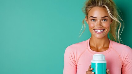 A cheerful woman in athletic wear holds a turquoise bottle, promoting hydration and an active lifestyle against a vibrant background.