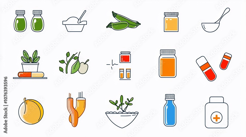 Poster set of 15 minimalist linear icons illustrating various health focused nutrition and wellness concept