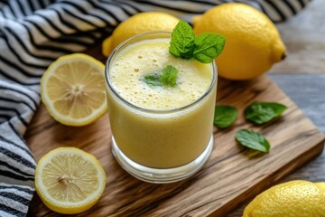 A refreshing lemon smoothie garnished with mint, served in a clear glass with fresh lemons and mint leaves nearby.