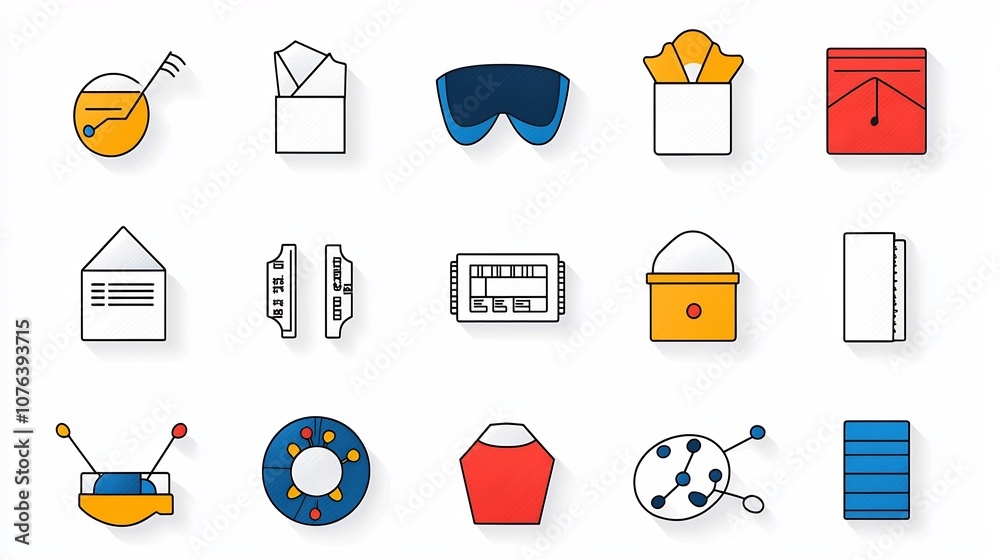Poster Set of 15 minimalist and clean outline icons representing various entertainment events and performances including symbols for cinema ticket music note and theater mask in a with editable stroke