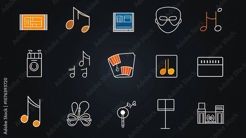 Poster A clean featuring a set of 15 outline icons that represent different entertainment events and activities including symbols for cinema ticket music note and theater mask