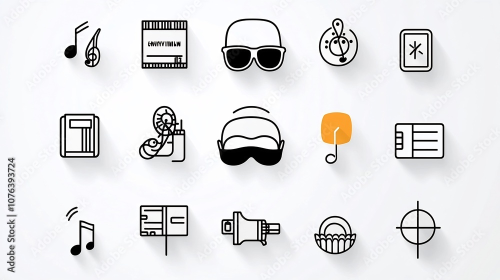 Poster a set of 15 clean minimalist outline icons representing a variety of entertainment events and perfor