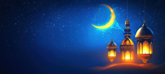 Fototapeta premium illustration of a glowing lantern and mosque against a night sky with a crescent moon background, Ramdan kareem banner design, with space for text or product display.