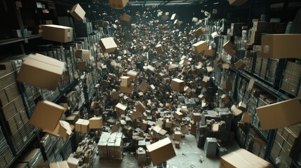 An explosion of cardboard boxes suspended mid-air inside a vast warehouse, capturing the chaos of inventory gone awry.