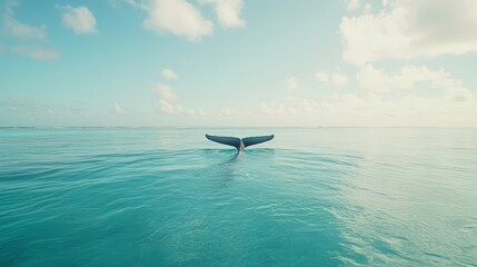A majestic whale tail rises gracefully above tranquil turquoise waters under a bright sky, symbolizing marine beauty and freedom.