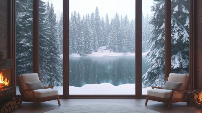 Fototapeta A warm interior space with large windows overlooking a serene snow-covered forest and lake, perfect for a winter escape.