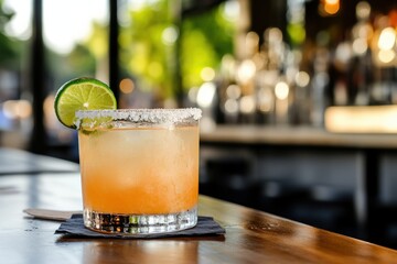 A refreshing cocktail garnished with a lime slice sits on a wooden bar, with a blurred backdrop of a lively bar scene.