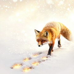 Obraz premium Winter fox with glowing footprints, leaving a magical trail, soft light, isolated on white background