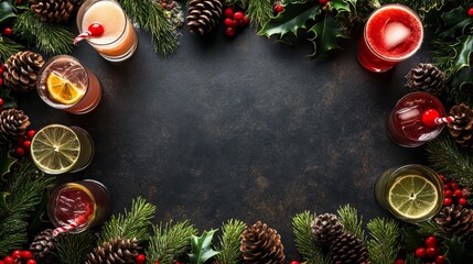 A vibrant display of holiday cocktails surrounded by pine cones and greenery, creating a festive and inviting atmosphere.