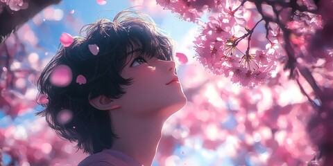 Handsome anime boy standing under cherry blossoms in spring