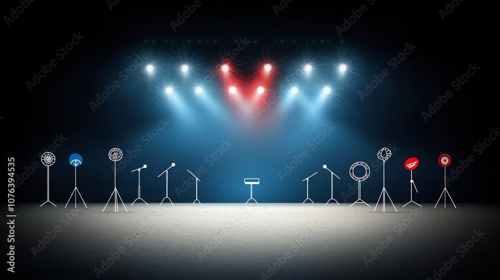 Poster Comprehensive outline icon set featuring 15 symbols representing popular entertainment activities and venues including stadium stage lights and music festival in a clean style with editable strokes
