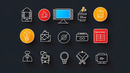 Collection of 15 minimalist icons in outline style focusing on cinema screen event schedule and sound system elements for entertainment and event related applications