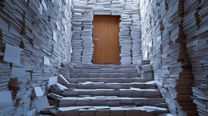 A staircase of stacked real estate contracts leading to a door symbolizing opportunity and progress