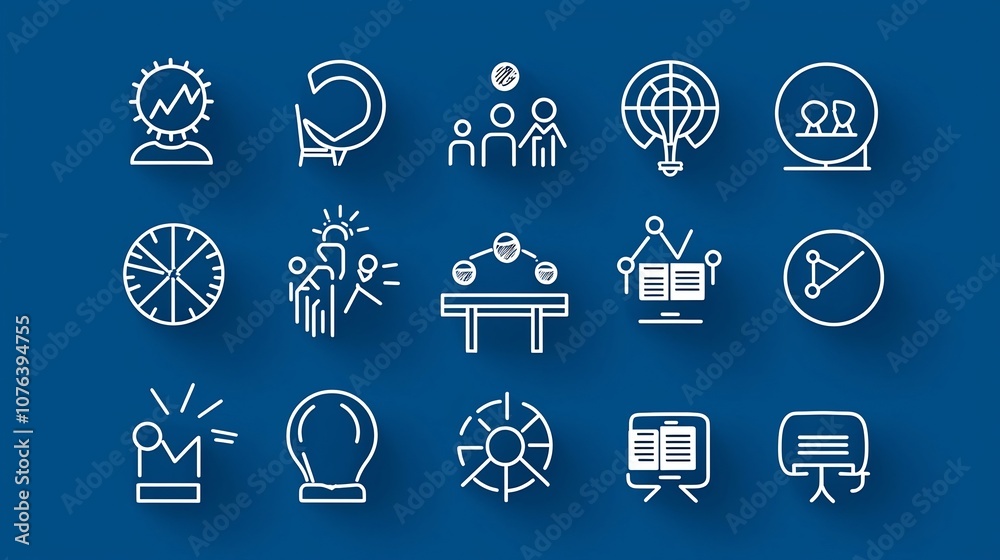 Poster Set of 15 minimalist outline icons representing various elements of a business meeting team discussion and collaborative brainstorming session  Clean with editable stroke for workplace presentation