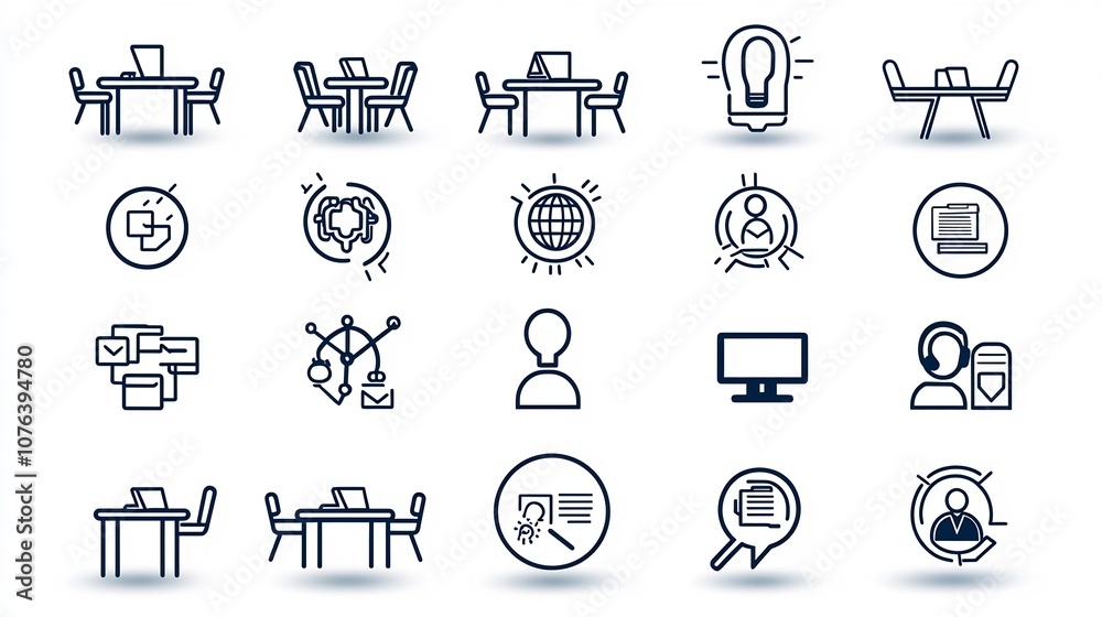 Poster Set of 15 outline icons representing meeting elements such as conference table team discussion and brainstorming symbols for communication  Clean with editable stroke