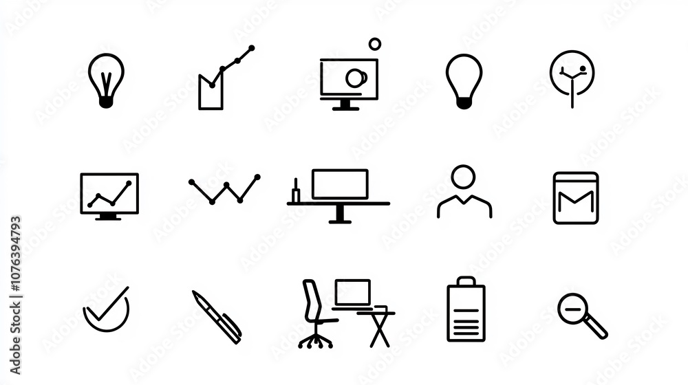 Poster Minimalist meeting icon set featuring 15 clean and simple outline symbols for team online conferences  Ideal for business technology and communication concepts