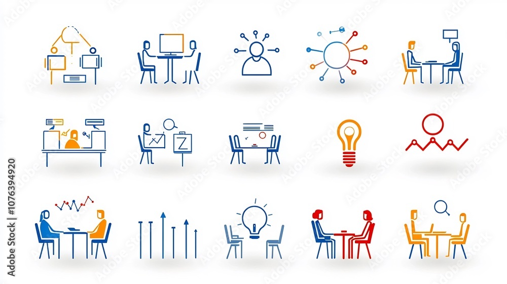 Poster Collection of 15 linear icons focused on professional meetings featuring icons for seminar group interview workshop and other related business event concepts in simple line style
