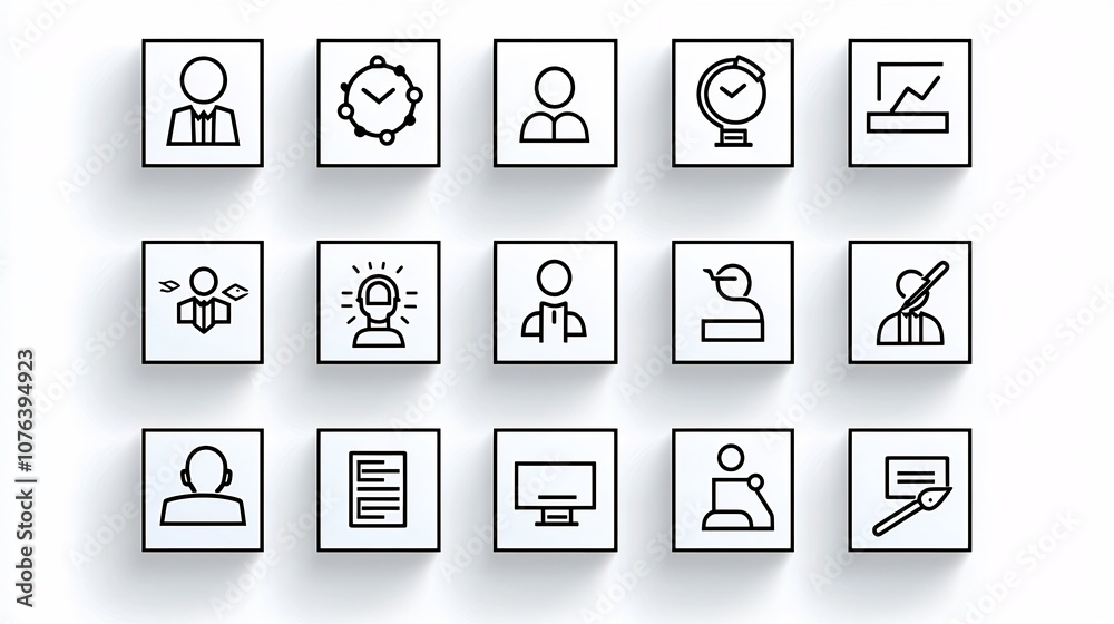Poster A comprehensive set of 15 linear icons focused on professional meetings including icons for seminar group interview and workshop settings