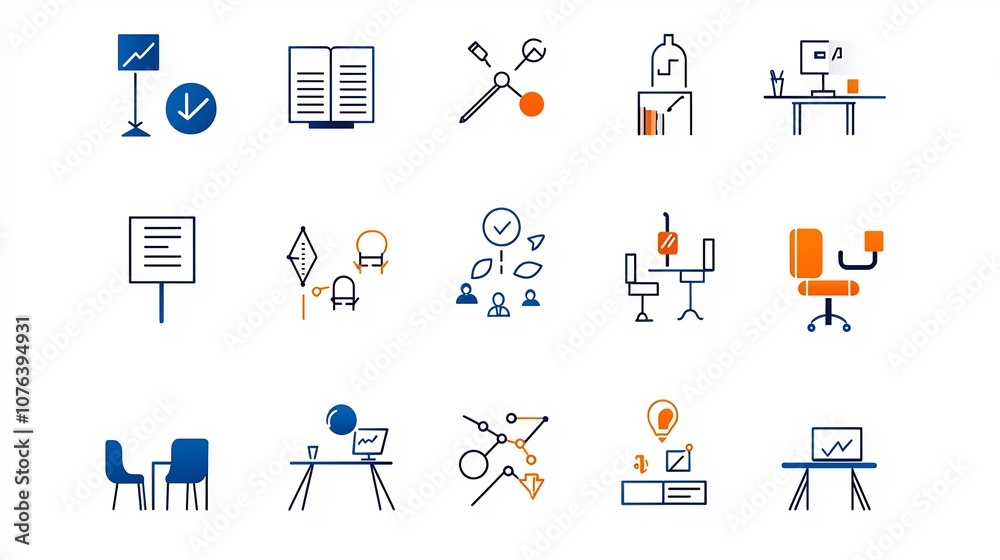 Poster Collection of 15 linear icons focused on professional meetings featuring icons for seminar group interview and workshop settings in a simple line style  Suitable for business education