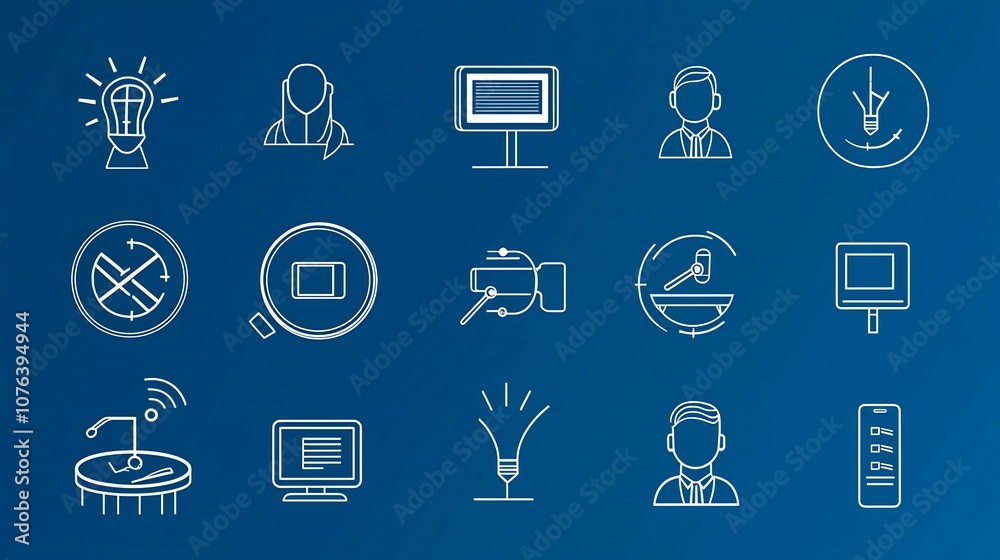 Poster Comprehensive set of 15 outline style icons representing various meeting related elements such as video calls roundtable discussions and speakers  Designed for use in business platforms