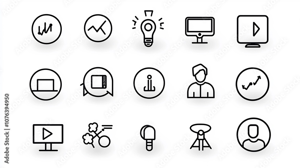Poster set of 15 meeting related icons in minimalist outline style featuring symbols for video call roundta