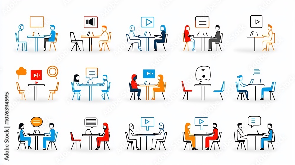 Leinwandbilder set of 15 outline style meeting related icons featuring symbols for video call roundtable discussion