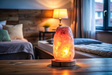 Warm Glow of Himalayan Pink Salt Lamp on Table in Cozy Bedroom Setting with Copy Space for Text, Ideal for Relaxation and Wellness Themes