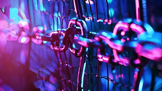 A close-up of interlinked chains against a colorful, illuminated background with a focus on the textures and reflections.