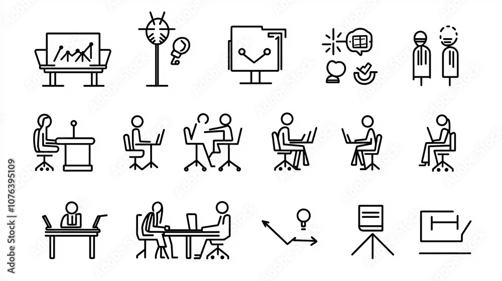 Poster Set of 15 thin line icons for business meetings featuring team project speaker podium and QA session vector Icons for corporate event organization