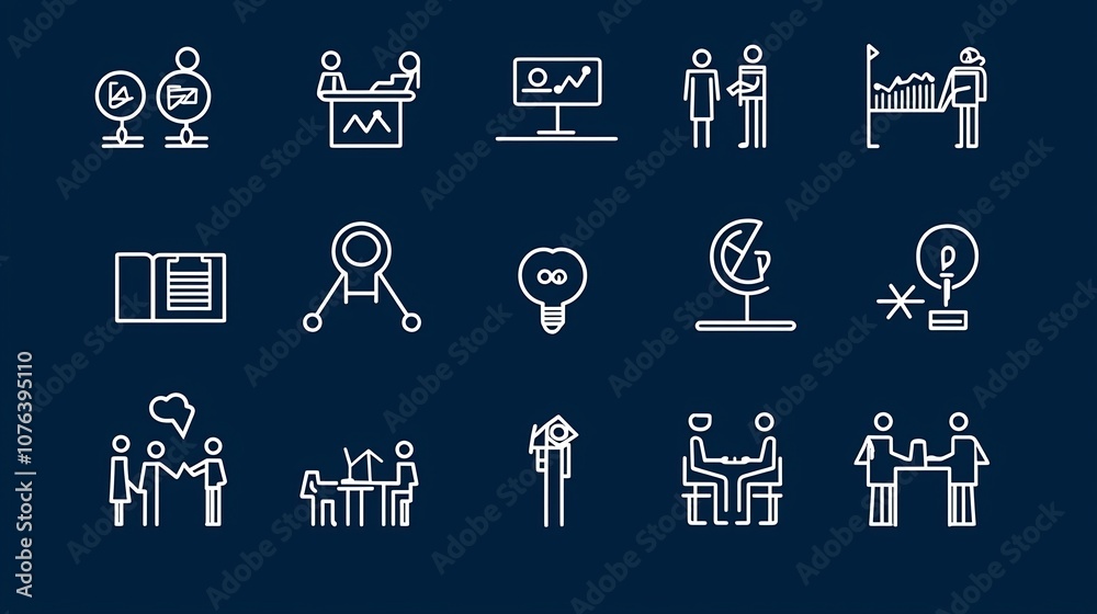 Aufkleber Set of 15 thin line icons depicting various elements of a business meeting such as team project speaker podium and QA session  These minimalist icons are suitable for corporate office
