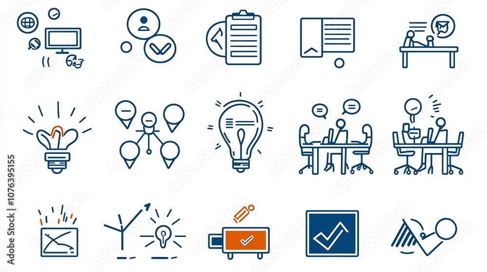 Leinwandbilder icon set featuring 15 symbols and graphics representing collaborative work activities such as brains